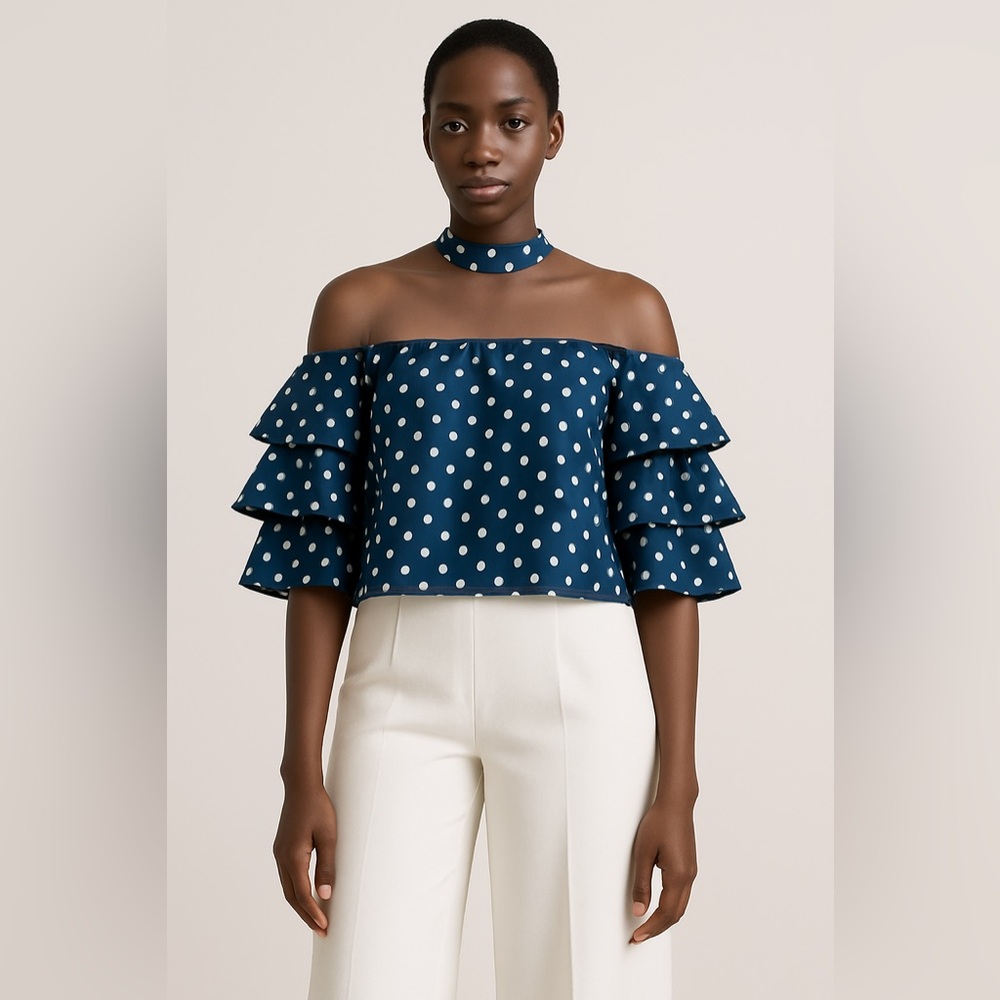 Polka Dot 3 Tiered Ruffle Off-Shoulder Boho Top By Demeanor Size L